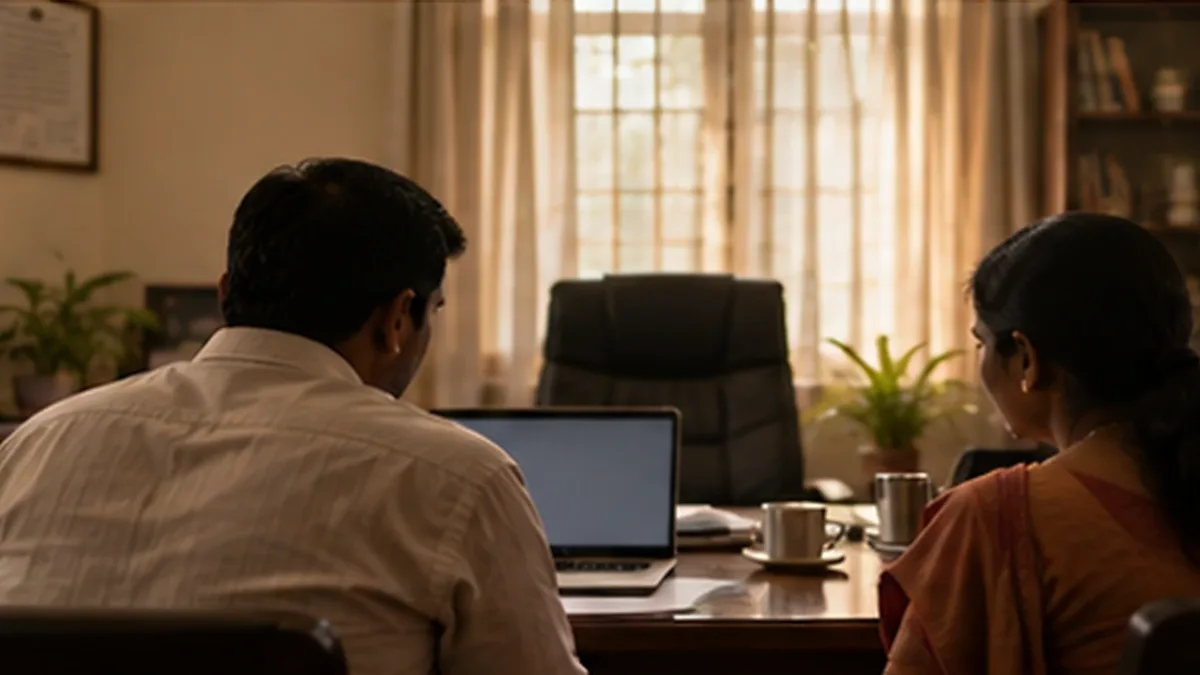 Two people seen from behind in a school principal's office, facing a laptop during a vendor demonstration, with a curtained window and tea cups on the desk.